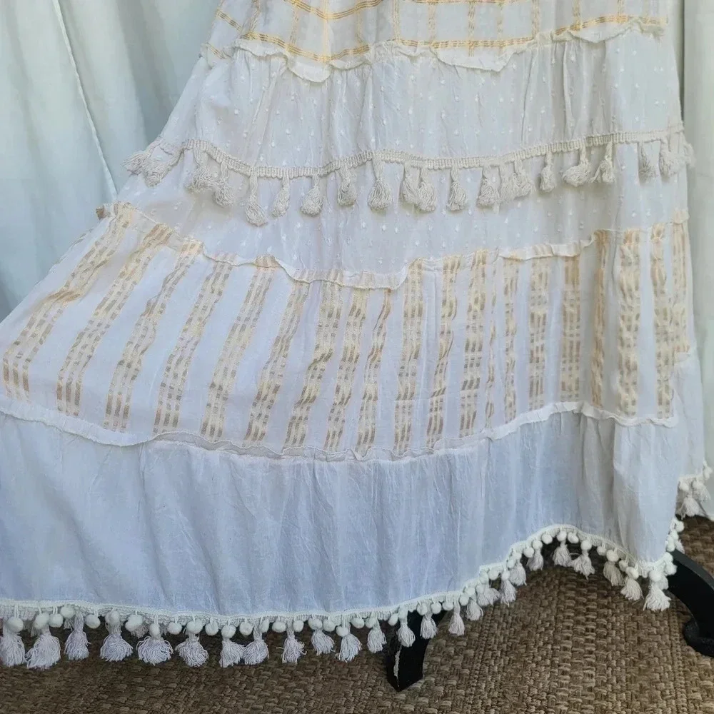 NWT White Maxi Dress Sleveless Embroidere Trim Tassels Flowy Summer Beach Long S
